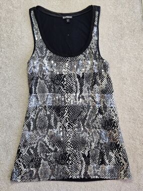 Express Women’s Black & Cream Sequin Snake-Print Tank Top